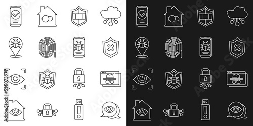 Set line Eye scan, Browser incognito window, Shield with cross mark, brick wall, Fingerprint, System bug, Smartphone and mobile icon. Vector