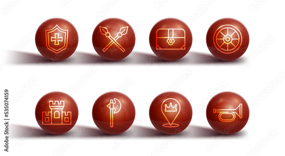 Set line Shield, Castle, fortress, Round wooden shield, Location king crown, Medieval axe, Crossed medieval spears, Trumpet and Antique treasure chest icon. Vector Set line Shield, Castle, fortress, Round wooden shield, Location king crown, Medieval axe, Crossed medieval spears, Trumpet and Antique treasure chest icon. Vector
