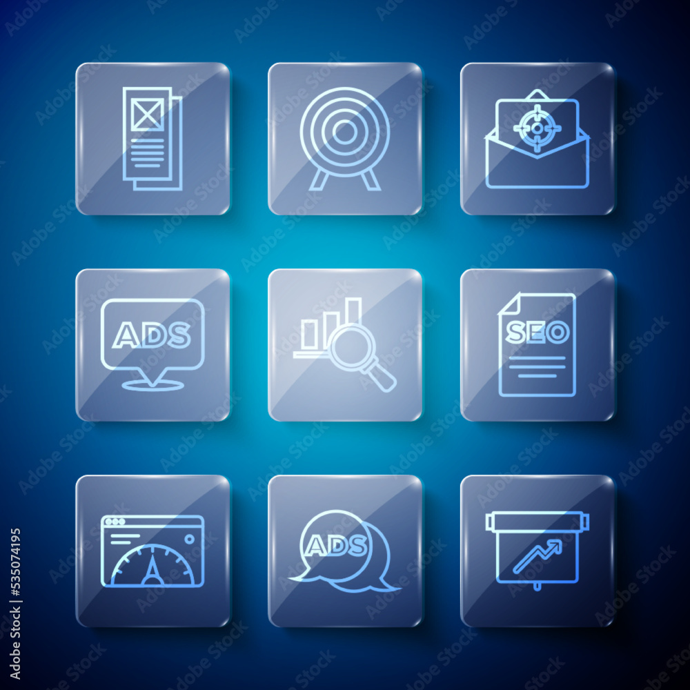 Set line Website statistic, Advertising, Board with graph chart, Mail and e-mail, Magnifying glass analysis, Browser window and SEO optimization icon. Vector Set line Website statistic, Advertising, Board with graph chart, Mail and e-mail, Magnifying glass analysis, Browser window and SEO optimization icon. Vector