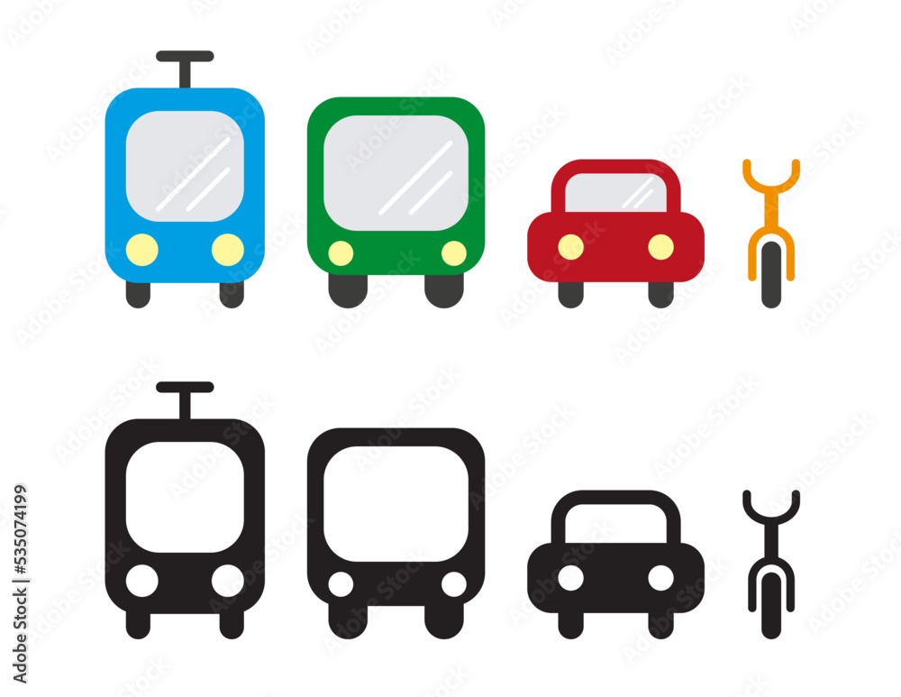 Transportation icons: tram, bus, car, bike- front view Stock Vector ...