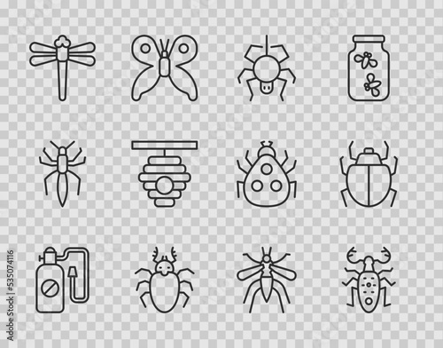 Set line Pressure sprayer, Beetle deer, Spider, Dragonfly, Hive for bees, Mosquito and Mite icon. Vector
