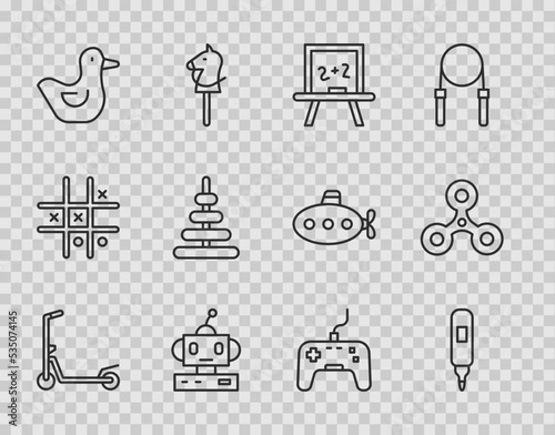 Set line Scooter, Marker pen, Chalkboard, Robot toy, Rubber duck, Pyramid, Gamepad and Fidget spinner icon. Vector
