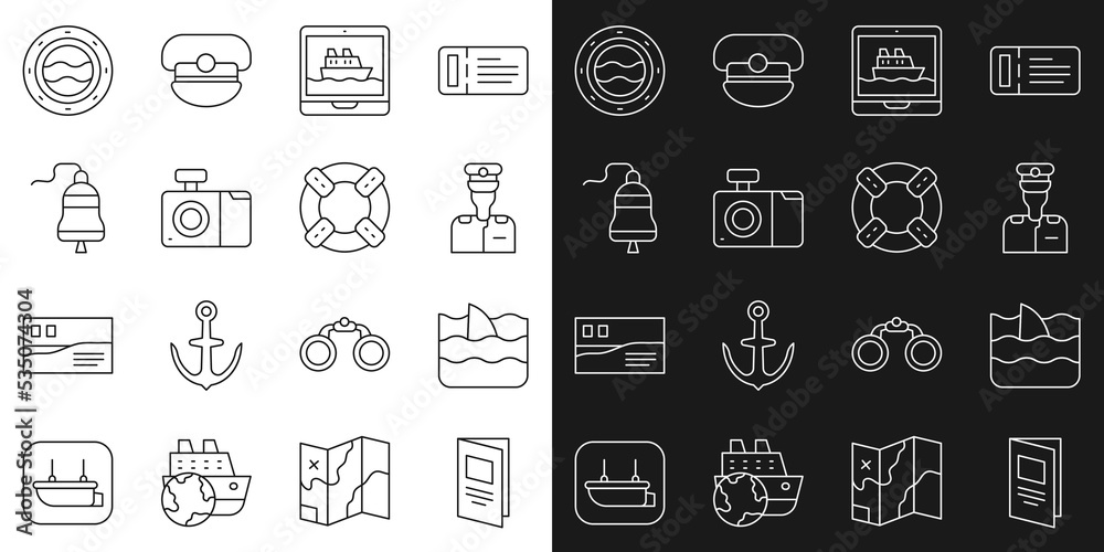 Set line Brochure, Shark fin in ocean wave, Captain of ship, Cruise, Photo camera, Ship bell, porthole with seascape and Lifebuoy icon. Vector
