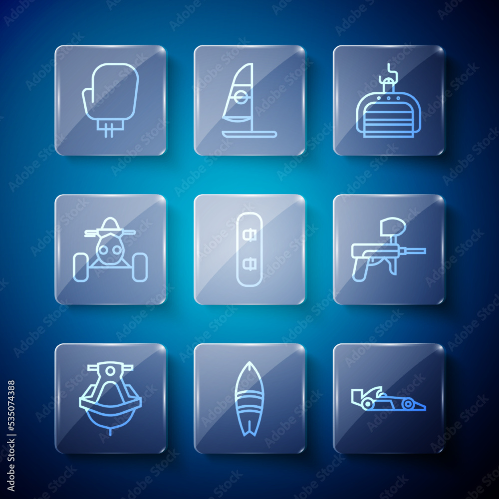 Set line Jet ski, Surfboard, Formula 1 racing car, Ski lift, Snowboard, ATV motorcycle, Boxing glove and Paintball gun icon. Vector Set line Jet ski, Surfboard, Formula 1 racing car, Ski lift, Snowboard, ATV motorcycle, Boxing glove and Paintball gun icon. Vector