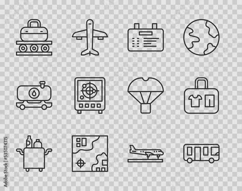 Set line Trolley for food, Airport bus, board, World travel map, Conveyor belt with suitcase, Radar targets monitor, Plane and Suitcase icon. Vector