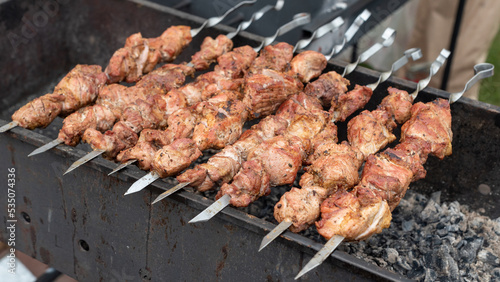 Grilled meat on skewers on the grill.