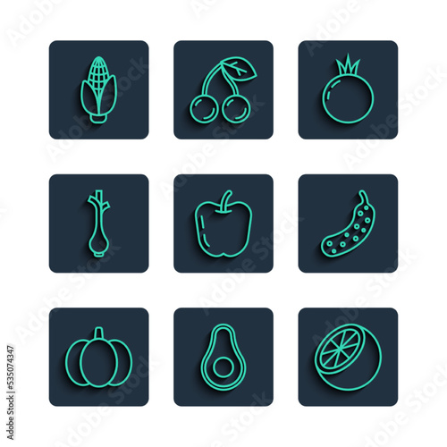 Set line Pumpkin, Avocado fruit, Orange, Tomato, Apple, Fresh green onions, Corn and cucumber icon. Vector
