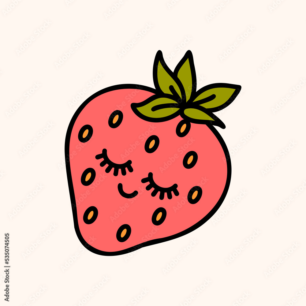 Obraz premium Cute strawberry farm organic sweet berry. Hand draw illustration. Kawaii face. Doodle style. Vector on isolated background. For printing on paper and fabric, children's illustration