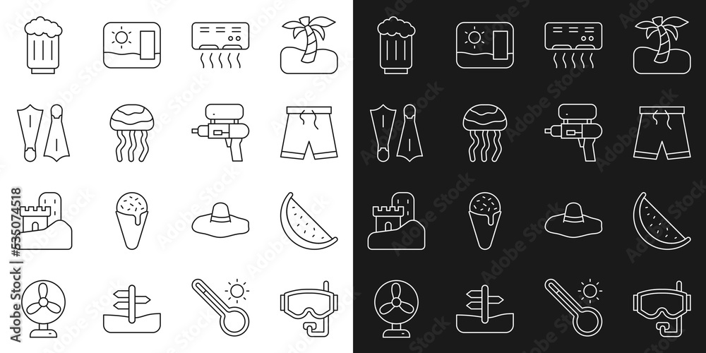 Set line Diving mask, Watermelon, Swimming trunks, Air conditioner, Jellyfish, Rubber flippers for swimming, Wooden beer mug and gun icon. Vector