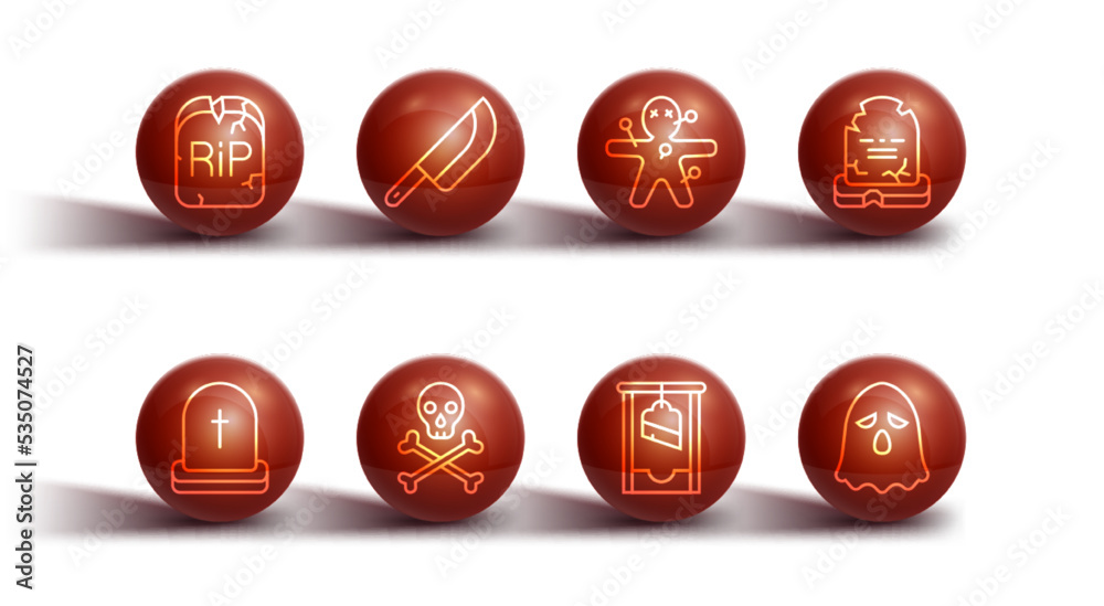 Set line Tombstone with RIP written, Guillotine, Skull crossbones, Knife, Ghost and Voodoo doll icon. Vector Set line Tombstone with RIP written, Guillotine, Skull crossbones, Knife, Ghost and Voodoo doll icon. Vector