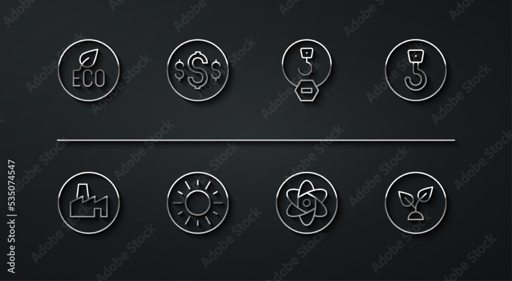 Set line Leaf Eco symbol, Factory production, Industrial hook, Test tube and flask, Sun, Dollar, Plant based and icon. Vector Set line Leaf Eco symbol, Factory production, Industrial hook, Test tube and flask, Sun, Dollar, Plant based and icon. Vector