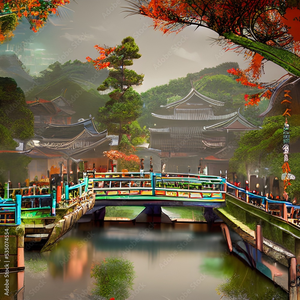 Fototapeta premium Ancient Japoneese Village with Chanels