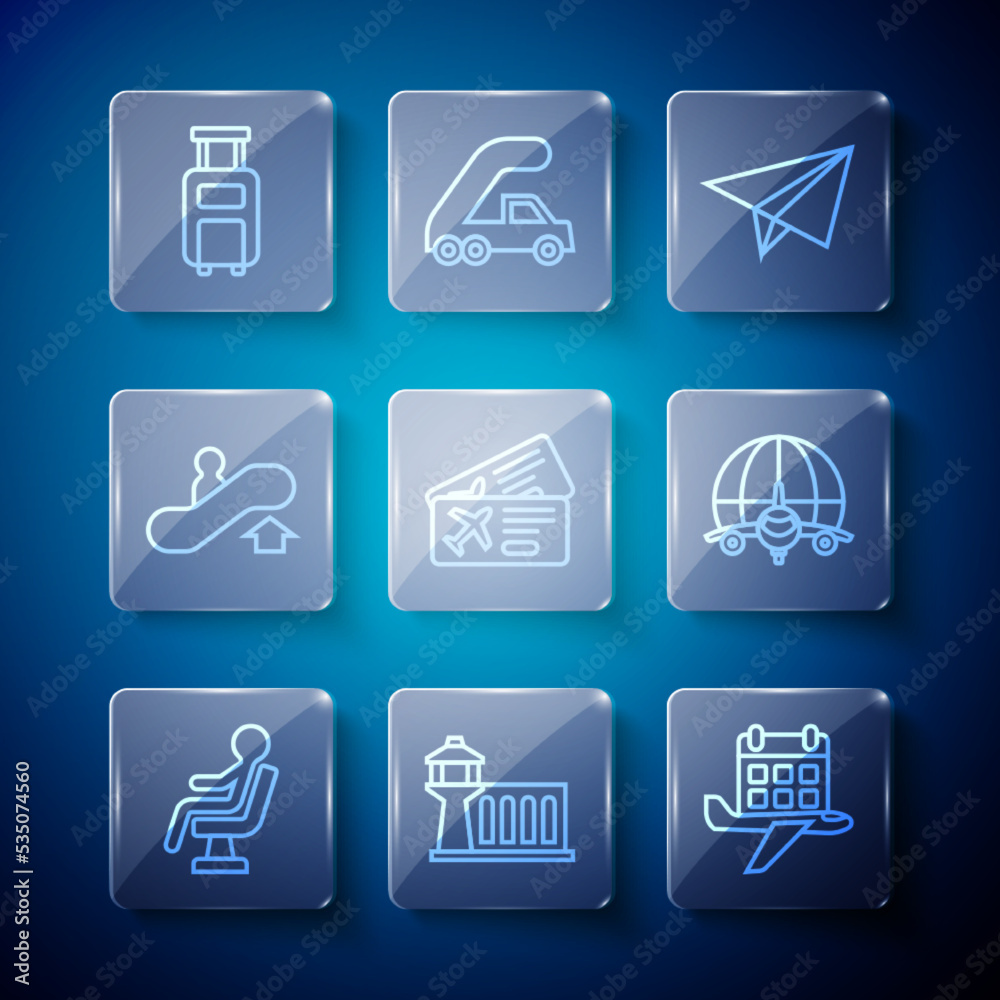 Set line Human waiting in airport terminal, Airport control tower, Calendar and airplane, Paper, Airline ticket, Escalator up, Suitcase and Globe with flying icon. Vector Set line Human waiting in airport terminal, Airport control tower, Calendar and airplane, Paper, Airline ticket, Escalator up, Suitcase and Globe with flying icon. Vector