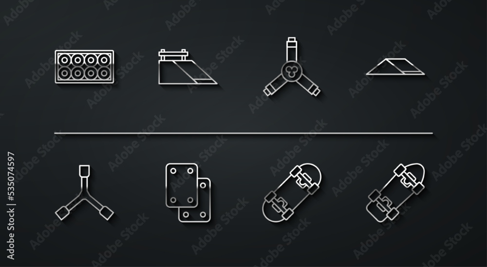 Set line Skateboard wheel, Y-tool, park, Knee pads, and icon. Vector Set line Skateboard wheel, Y-tool, park, Knee pads, and icon. Vector