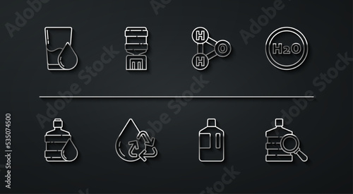 Set line Glass with water, Big bottle clean, Chemical formula for H2O, Recycle aqua, Water cooler, and icon. Vector