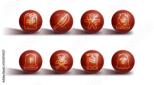 Set line Tombstone with RIP written, Guillotine, Skull crossbones, Knife, Ghost and Voodoo doll icon. Vector