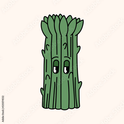 Cute asparagus farm organic vegetable. Hand draw illustration. Kawaii face. Doodle style. Vector on isolated background. For printing on paper and fabric, children's illustration