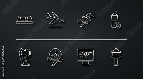 Set line Taxi car roof, Airplane seat, No water bottle, Plane, Flight time, landing, Airport control tower and icon. Vector