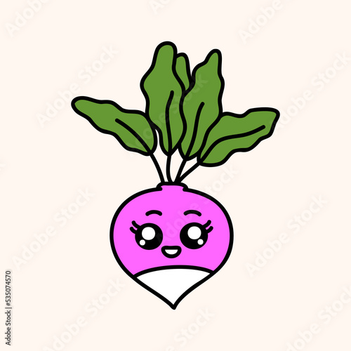 Cute radish farm organic vegetable. Hand draw illustration. Kawaii face. Doodle style. Vector on isolated background. For printing on paper and fabric, children's illustration