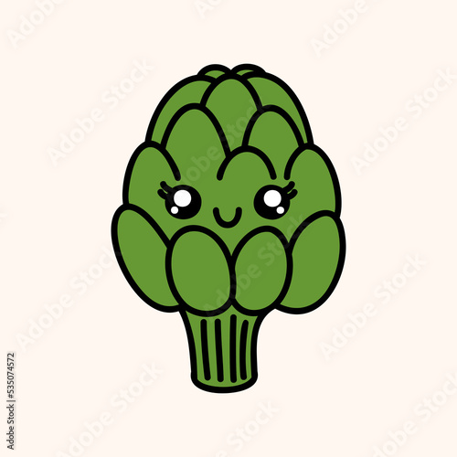 Cute artichoke farm organic vegetable. Hand draw illustration. Kawaii face. Doodle style. Vector on isolated background. For printing on paper and fabric, children's illustration