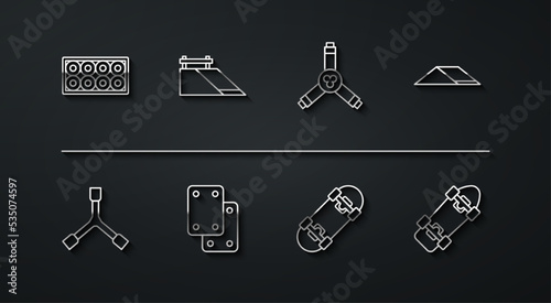 Set line Skateboard wheel, Y-tool, park, Knee pads, and icon. Vector