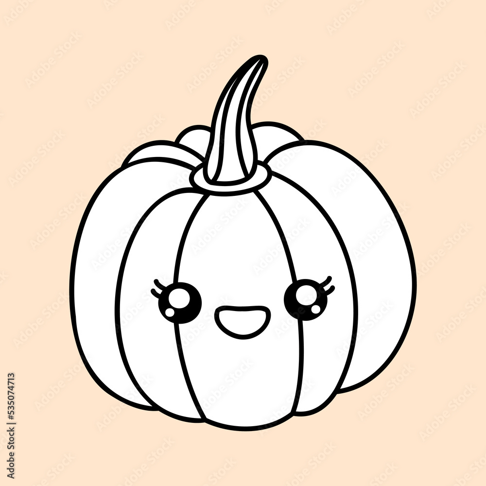 Obraz premium Cute pumpkin farm organic vegetable. Hand draw illustration. Kawaii face. Doodle style. Vector on isolated background. For printing on paper and fabric, children's illustration