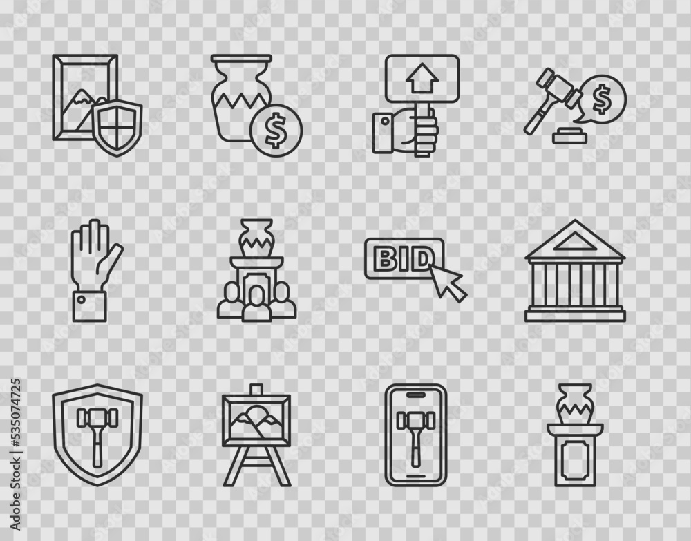 Set line Auction hammer, ancient vase, Hand holding auction paddle, painting, Online and Museum building icon. Vector Set line Auction hammer, ancient vase, Hand holding auction paddle, painting, Online and Museum building icon. Vector