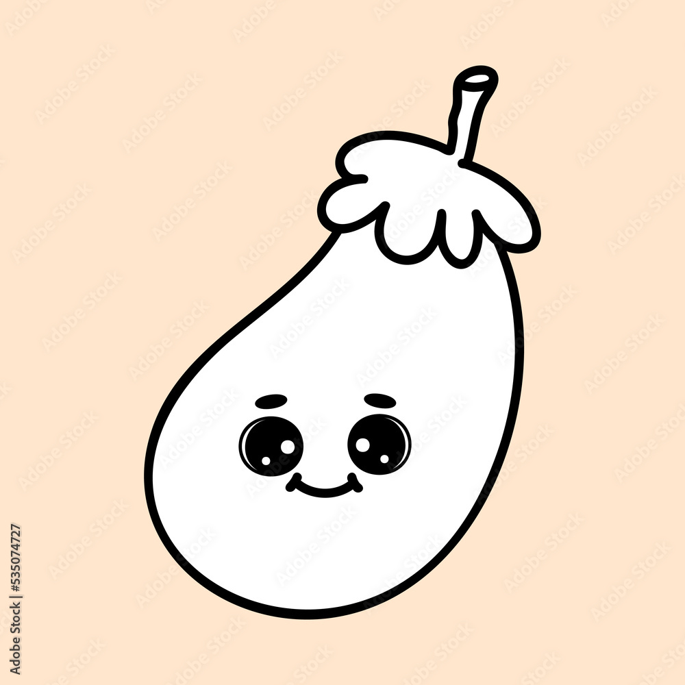 Cute eggplant farm organic vegetable. Hand draw illustration. Kawaii face. Doodle style. Vector