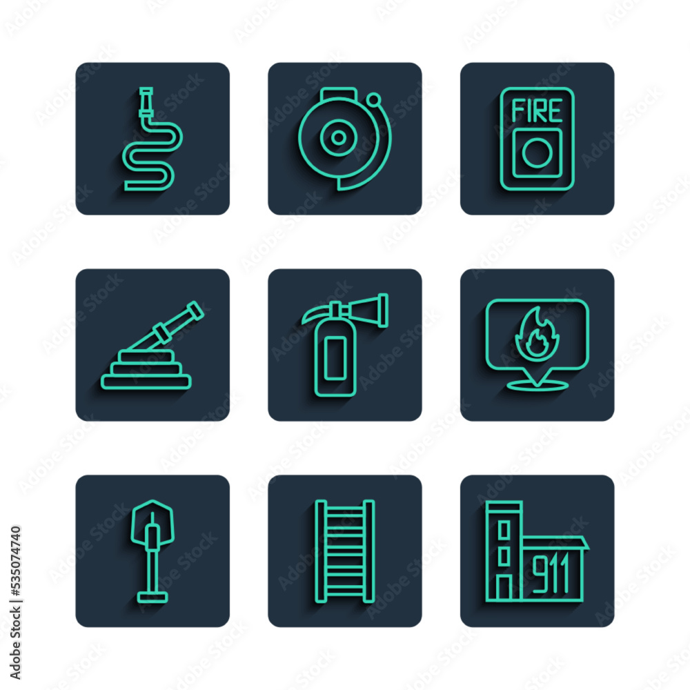 Set line Fire shovel, escape, Building of fire station, alarm system, extinguisher, hose reel, and Location with flame icon. Vector Set line Fire shovel, escape, Building of fire station, alarm system, extinguisher, hose reel, and Location with flame icon. Vector
