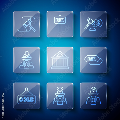 Set line Auction sold, ancient vase, jewelry sale, hammer price, Museum building, auctioneer sells, and Bid icon. Vector