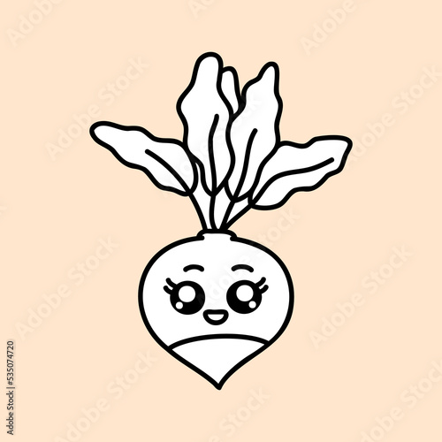 Cute radish farm organic vegetable. Hand draw illustration. Kawaii face. Doodle style. Vector on isolated background. For printing on paper and fabric, children's illustration