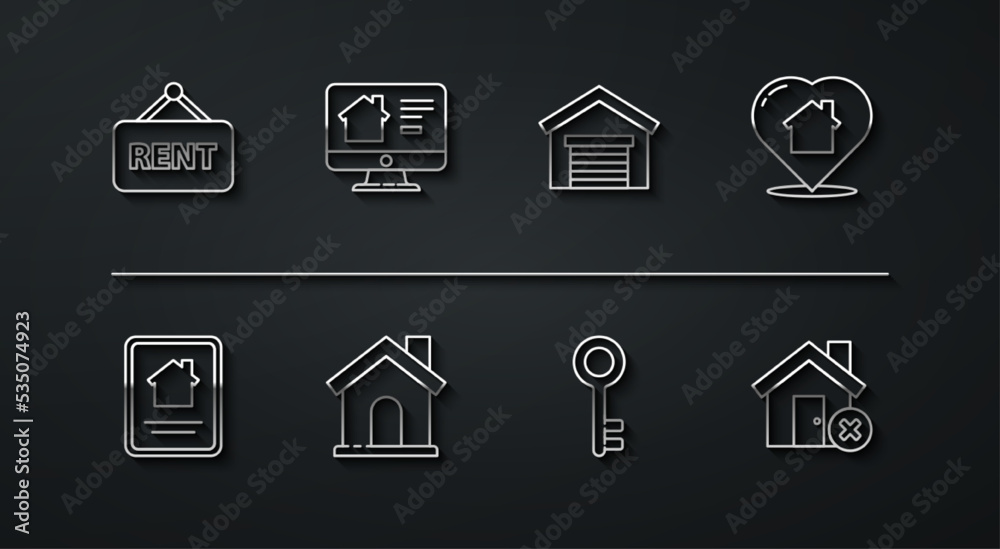 Set line Hanging sign with Rent, Online real estate house, House heart shape, key, wrong mark and Garage icon. Vector Set line Hanging sign with Rent, Online real estate house, House heart shape, key, wrong mark and Garage icon. Vector