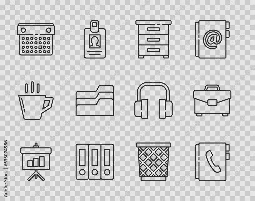 Set line Chalkboard with diagram, Address book, Drawer documents, Office folders, Calendar, Document, Trash can and Briefcase icon. Vector Set line Chalkboard with diagram, Address book, Drawer documents, Office folders, Calendar, Document, Trash can and Briefcase icon. Vector