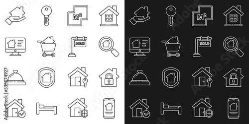 Set line Online real estate house, House under protection, Search, plan, Shopping cart with, Realtor and Hanging sign Sold icon. Vector