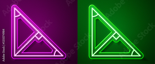 Glowing neon line Angle bisector of a triangle icon isolated on purple and green background. Vector