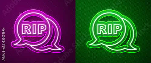 Glowing neon line Speech bubble rip death icon isolated on purple and green background. Vector