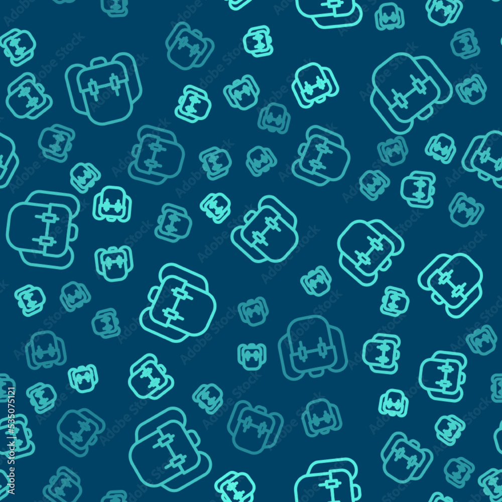 Green line School backpack icon isolated seamless pattern on blue background. Vector Green line School backpack icon isolated seamless pattern on blue background. Vector