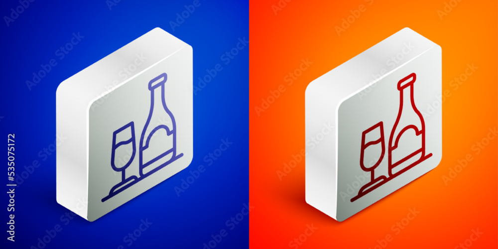 Isometric line Wine bottle with glass icon isolated on blue and orange background. Silver square button. Vector Isometric line Wine bottle with glass icon isolated on blue and orange background. Silver square button. Vector