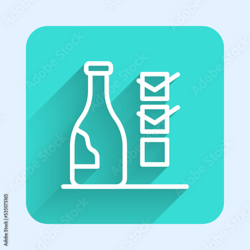 White line Bottle of wine icon isolated with long shadow background. Green square button. Vector