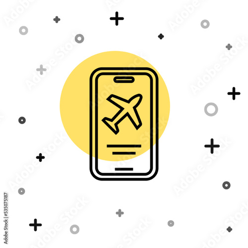 Black line Smartphone with electronic boarding pass airline ticket icon isolated on white background. Passenger plane mobile ticket for web and app. Random dynamic shapes. Vector