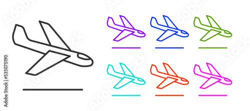 Black line Plane landing icon isolated on white background. Airplane transport symbol. Set icons colorful. Vector