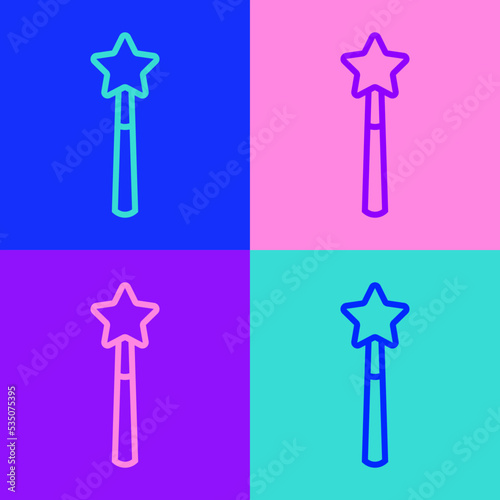 Pop art line Magic wand icon isolated on color background. Star shape magic accessory. Magical power. Happy Halloween party. Vector
