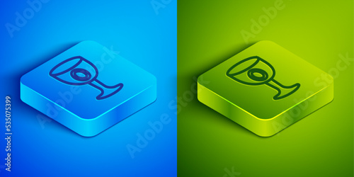Isometric line Medieval goblet icon isolated on blue and green background. Holy grail. Square button. Vector