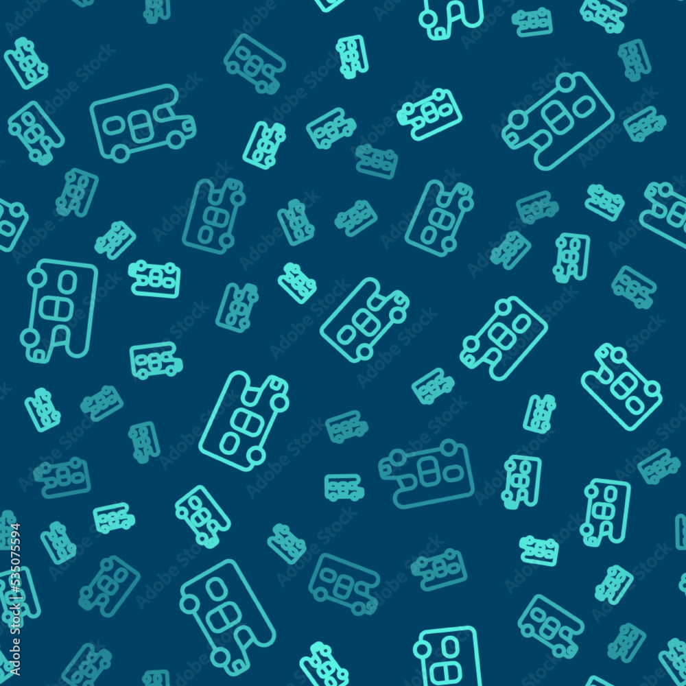 Green line RV motorhome vehicle icon isolated seamless pattern on blue background. Camper mobile home, mobile home for summer trip. Vector Green line RV motorhome vehicle icon isolated seamless pattern on blue background. Camper mobile home, mobile home for summer trip. Vector