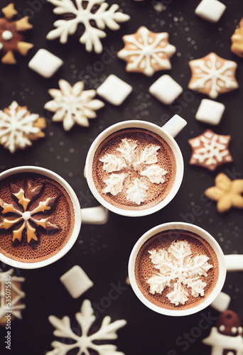 Christmas image of hot cocoa chocolate and cookies laid flat view from top © oliver