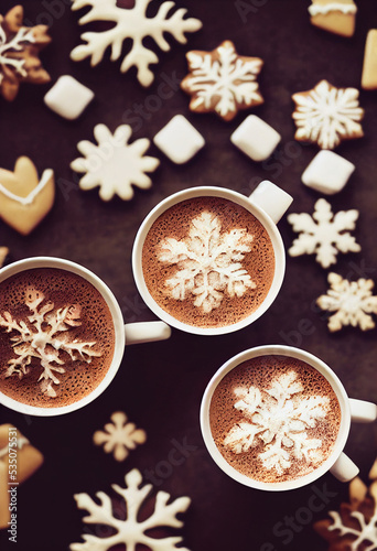 Christmas image of hot cocoa chocolate and cookies laid flat view from top