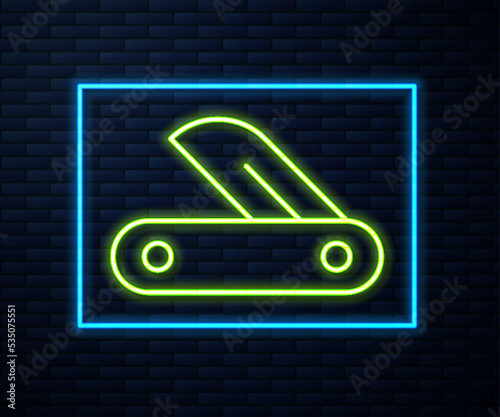 Glowing neon line Swiss army knife icon isolated on brick wall background. Multi-tool, multipurpose penknife. Multifunctional tool. Vector