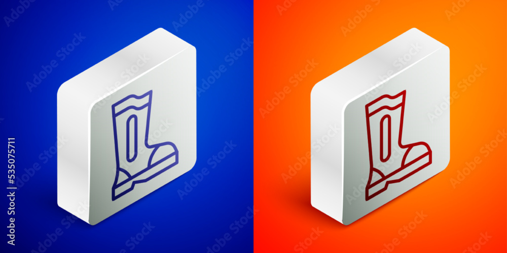 Isometric line Fire boots icon isolated on blue and orange background. Silver square button. Vector Isometric line Fire boots icon isolated on blue and orange background. Silver square button. Vector
