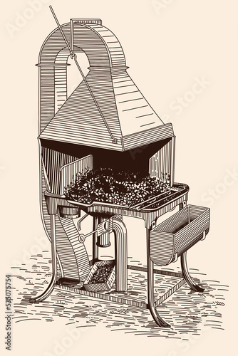 Old vintage blacksmith forge for melting metals. Metal furnace with coals and extractor and tools for working steel.