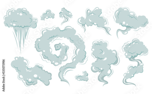 Set of gray smoke in cartoon style. Vector illustration of smoke or fog of various shapes on white background.